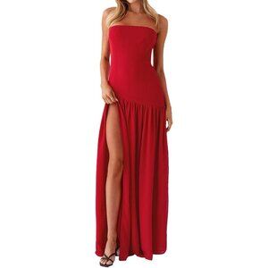 Women Strapless Tube Top Tiger Stripe Red Maxi Dress Sexy High Slit Party Dress
